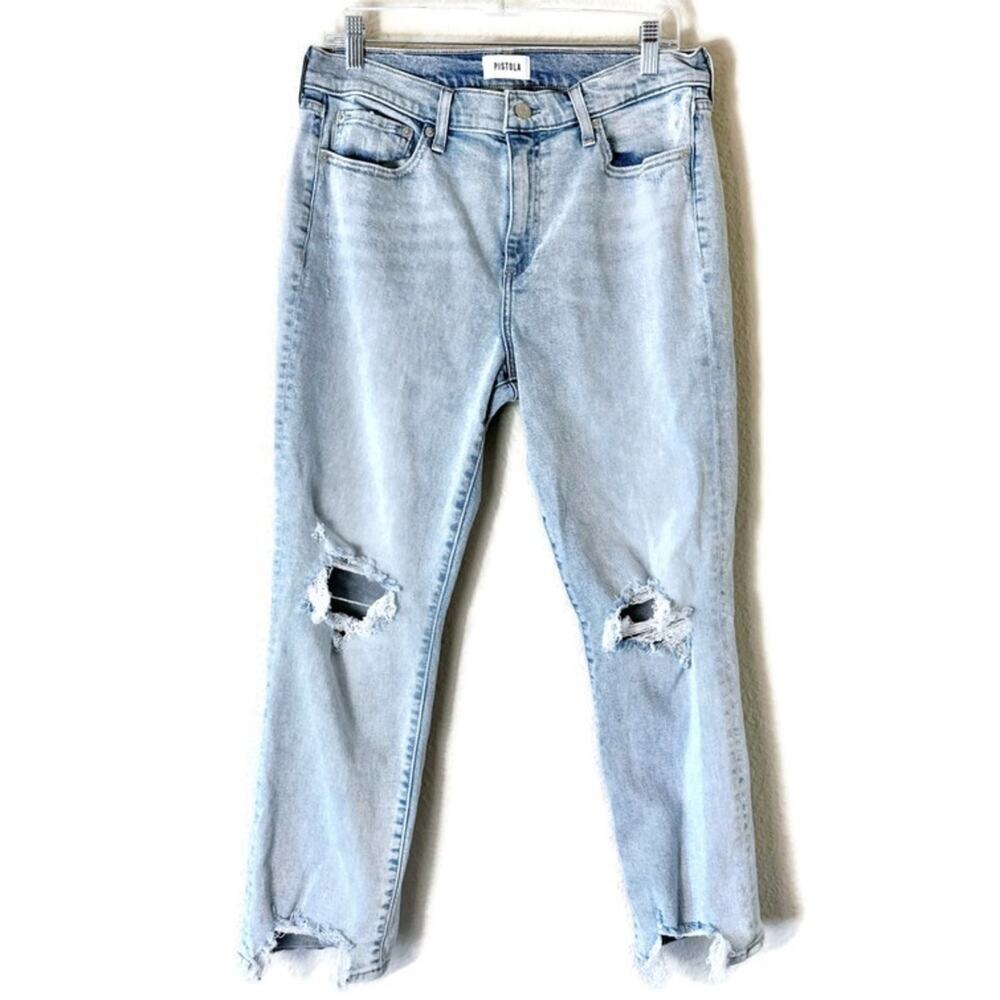 Pistola Light Wash Raw Hem Distressed Cropped Straight Leg Jeans Size 31 - Picture 2 of 9
